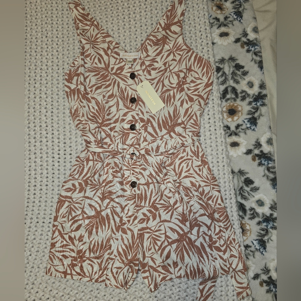Moneteau Leaf Print Linen Romper in Rust & Cream